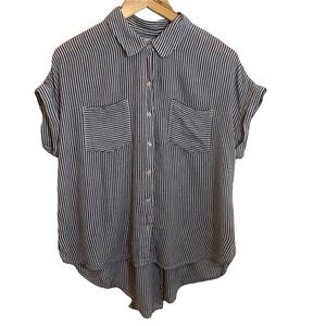 Lucky Brand Striped Tie Back Top Sz M Grey White Boxy Cuffed Sleeves